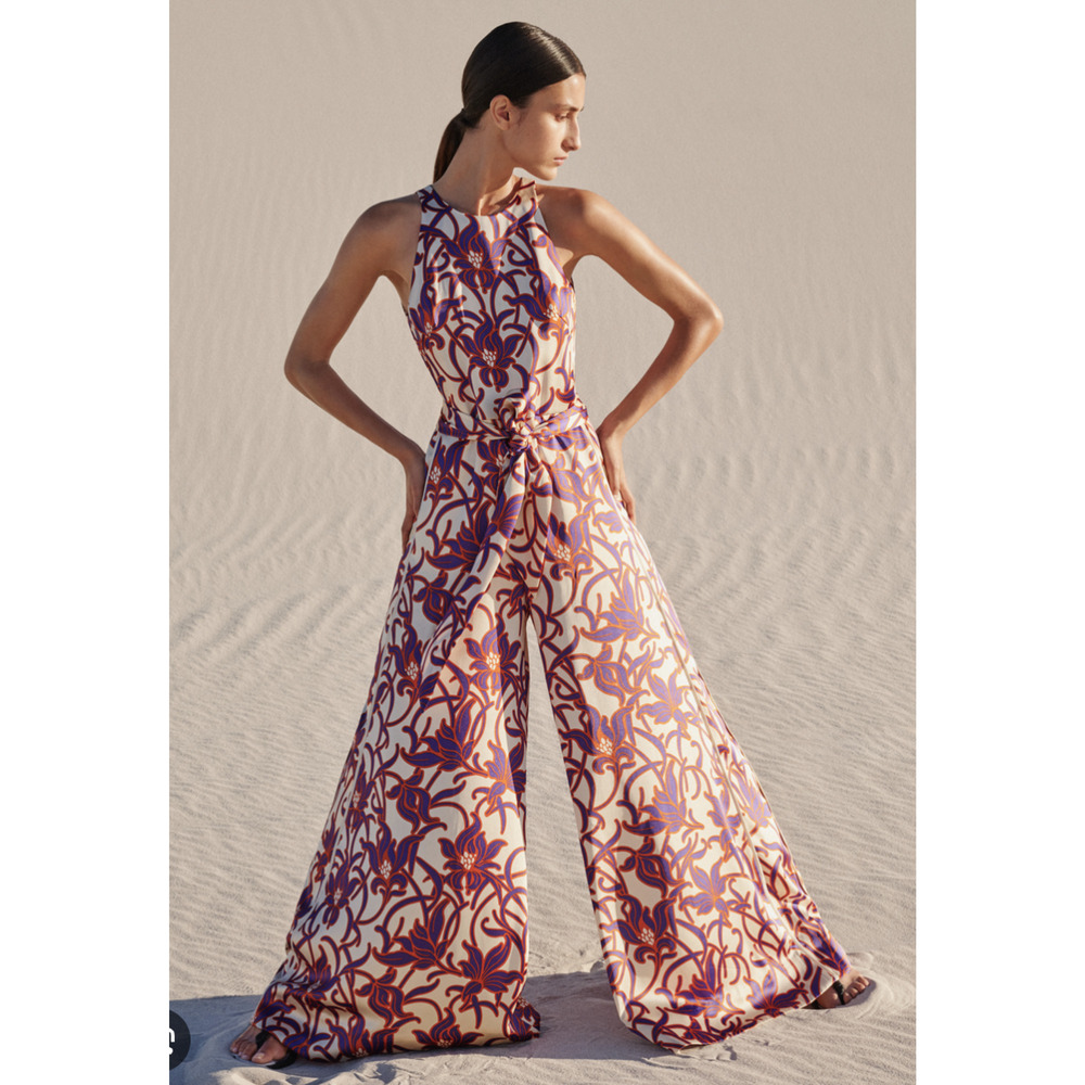 ME+EM Satin Graphic Tulip Print Jumpsuit | Cream Purple Orange | Wide Leg + Belt